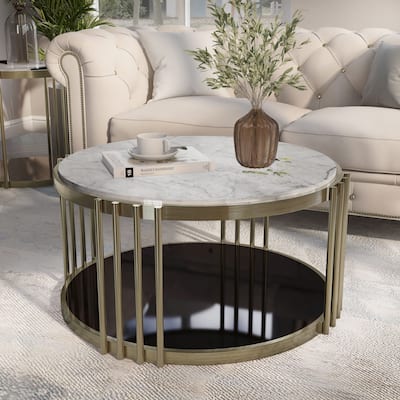 Roberts Glam Brass and White 28-inch Faux Marble 1-Shelf Drum Coffee Table by Furniture of America