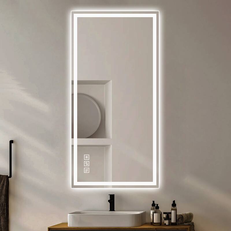 Anti-Fog LED Bathroom Mirror - Modern Straight-Edged, 3 Color Dimmable, Wall Mount - Silver