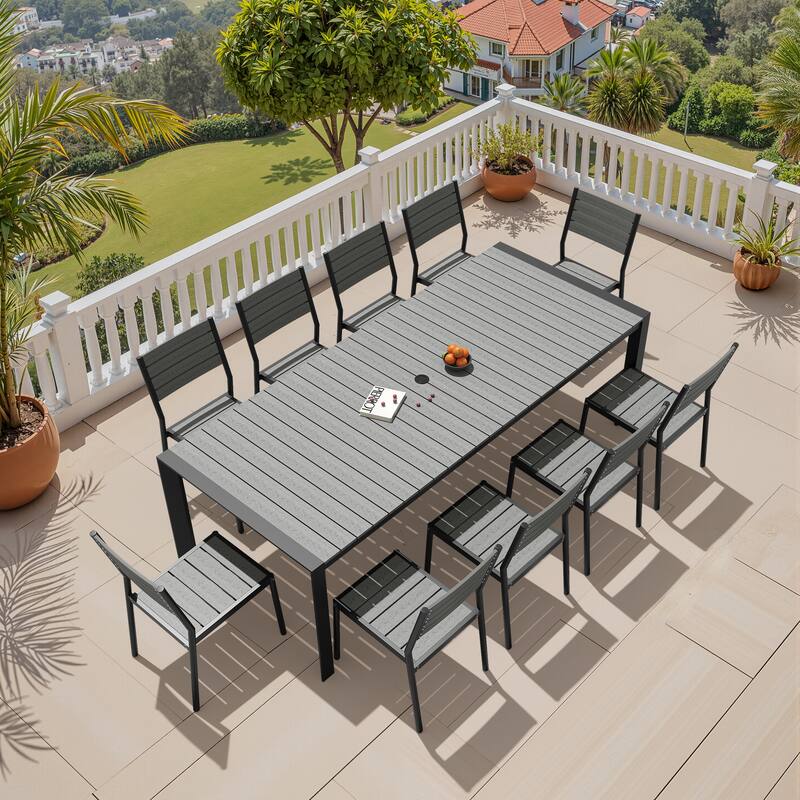 11-Piece Outdoor Patio Dining Set Wood Like Table Top Aluminum Rectangular Umbrella Hole Table with Stackable Chairs