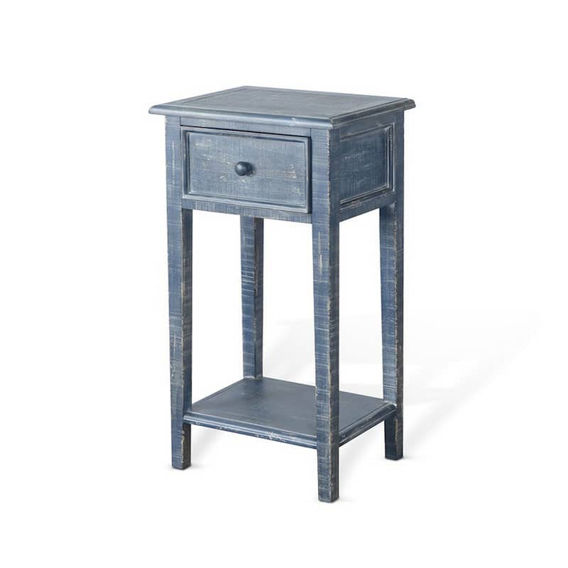 Rena Side End Table with 1 Drawer, 17 Inch Rustic Blue Mahogany Wood