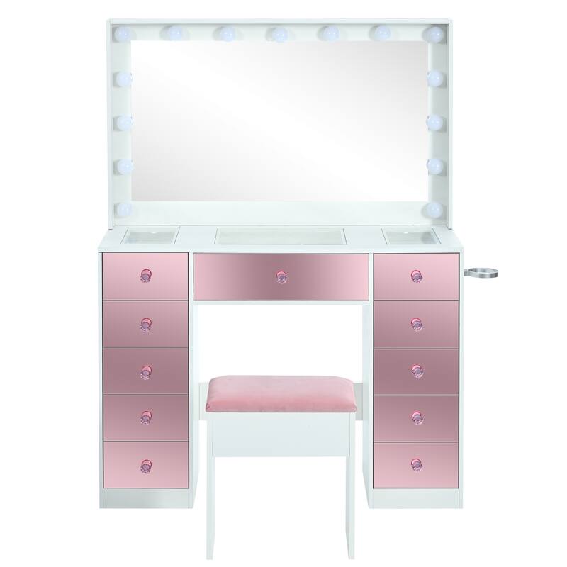 Pink Makeup Vanity Desk with Hollywood Mirror, Glass Top Dressing Table Set with Stool & Power Outlets