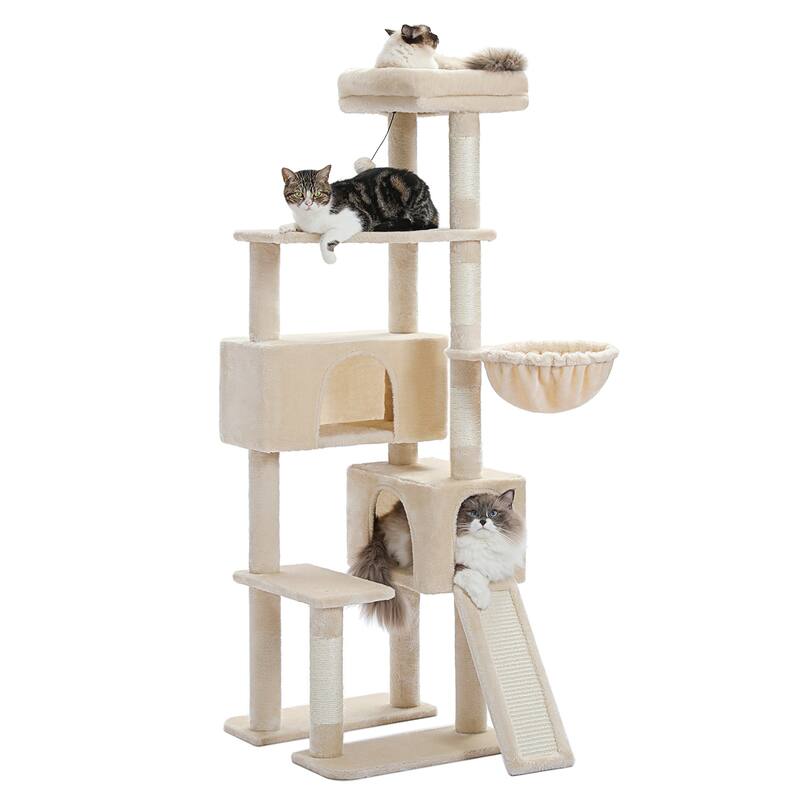 61" Indoor Large Cat Tree Cat Tower with Ladder and Dual Condos