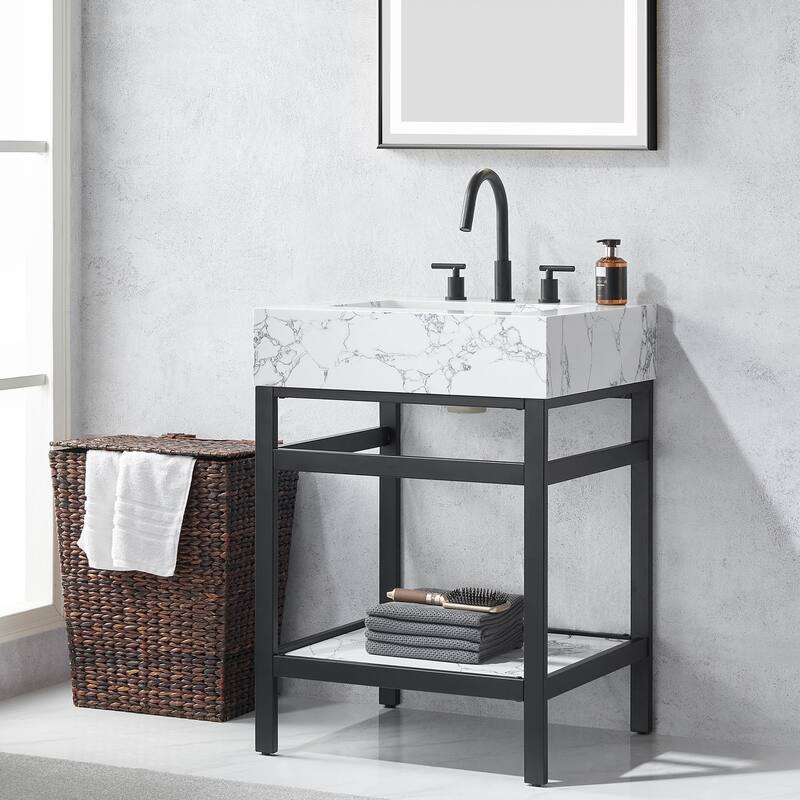 Ecija Bath Vanity, Metal Support with Composite Stone Top and Mirror