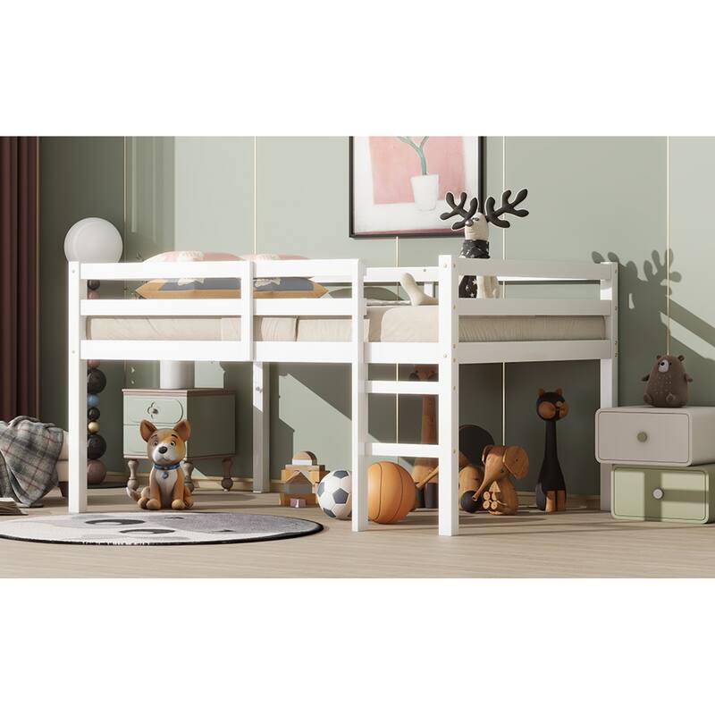 Roomfitters Full Rubber Wood Loft Bed with Ladder, Reinforced Slat Platform, Low Height Space Saving Design