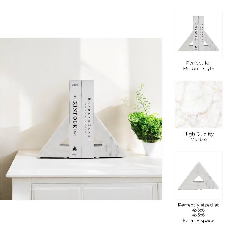 Set of 2 Right Triangle Marble Bookends - Contemporary Abstract Angled Bookends for Decorative Home or Office Accent -