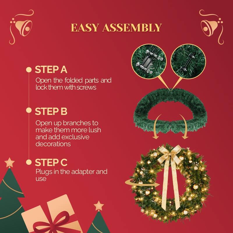 4Pre-lit Christmas Wreath with Warm White Lights and DIY Ornaments for Front Door Gate Wall Xmas Party Decorations