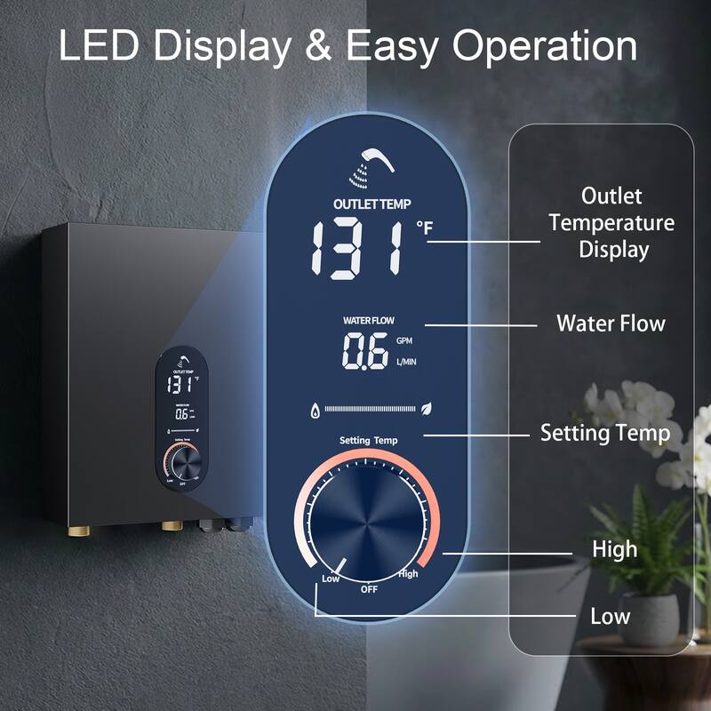18KW Tankless Electric Water Heater, On Demand Instant Hot Water Heater with LED Temperature Display, 240V Wall Mounted
