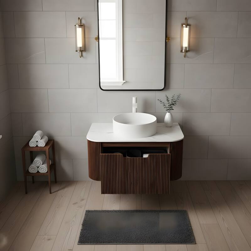 Wall Mounted Bathroom with White Round Ceramic Basin and Drawer