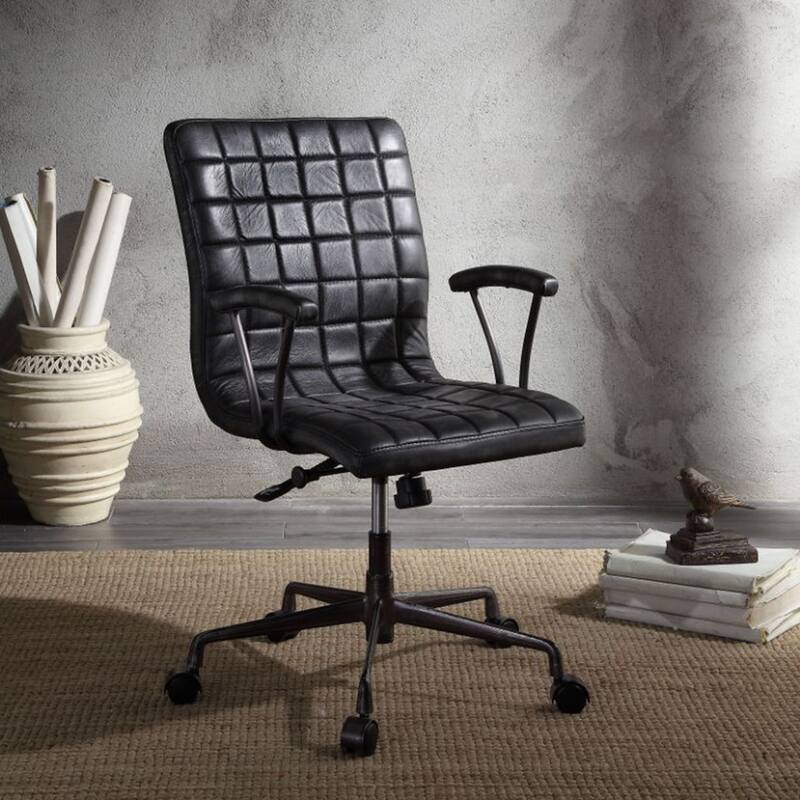 Top Grain Leather Office Chair in Vintage Black and Aluminum