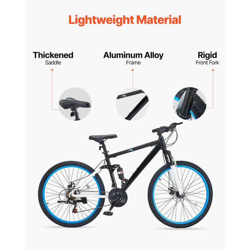 Black-Blue Aluminum Mountain Bike, 21 Speeds and Front Suspension - 67.7” L x 24.8” W x 39” H