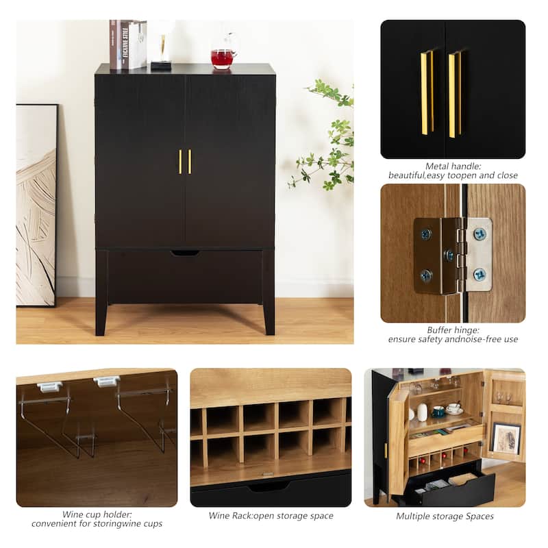 Bar Cabinet,Wine Bar Cabinet,Liquor Credenza,Sideboard with Wine Racks & Stemware Holder,Wine glass holder,Metal handle