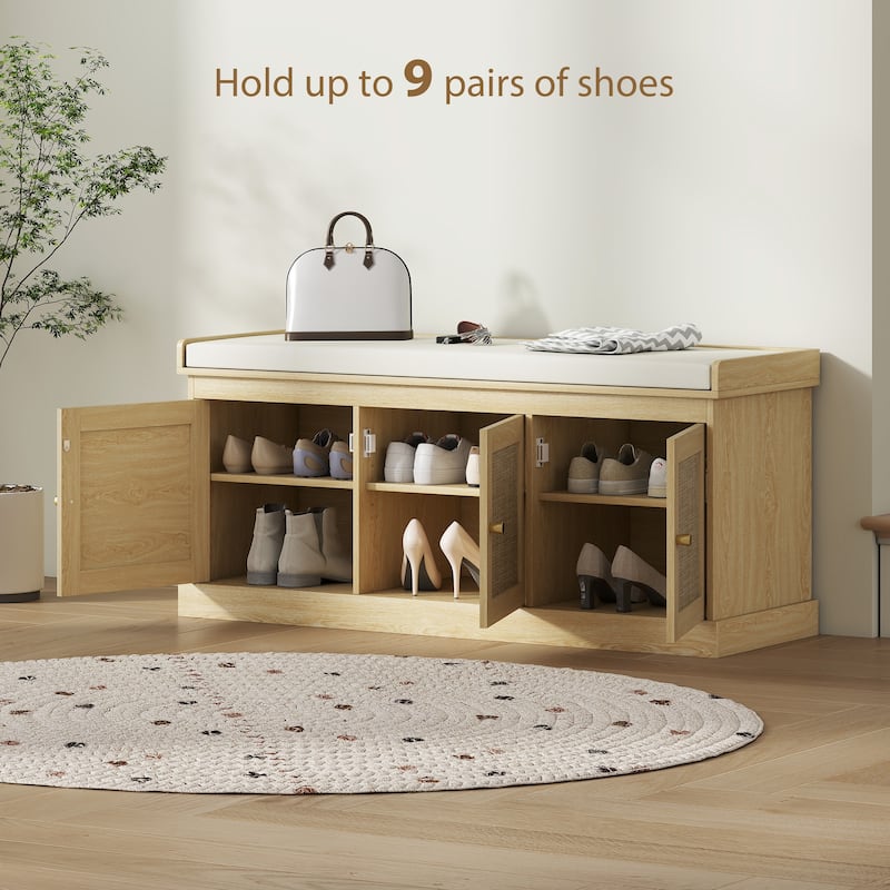 HOMCOM Shoe Bench with Woven Rattan Doors, Shoe Storage Bench with Cushion, Adjustable Shelves, Boho Style Entryway Bench