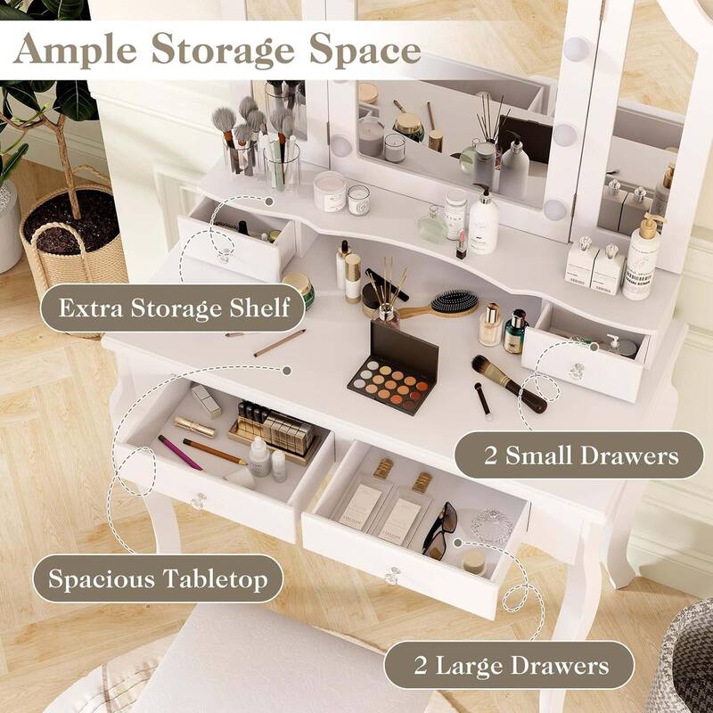 2 PCS Makeup Kids Vanity Set White Vanity Table & Stool