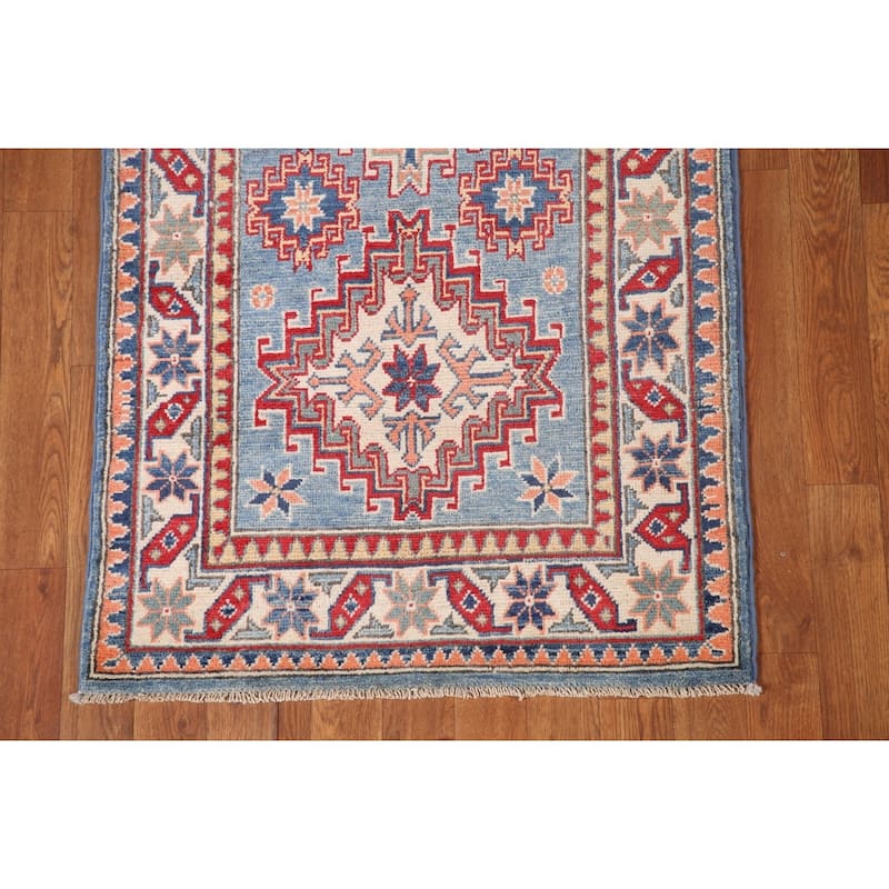 Light Blue Geometric Kazak Accent Rug Hand-Knotted Wool Carpet - 2'7" x 6'4"