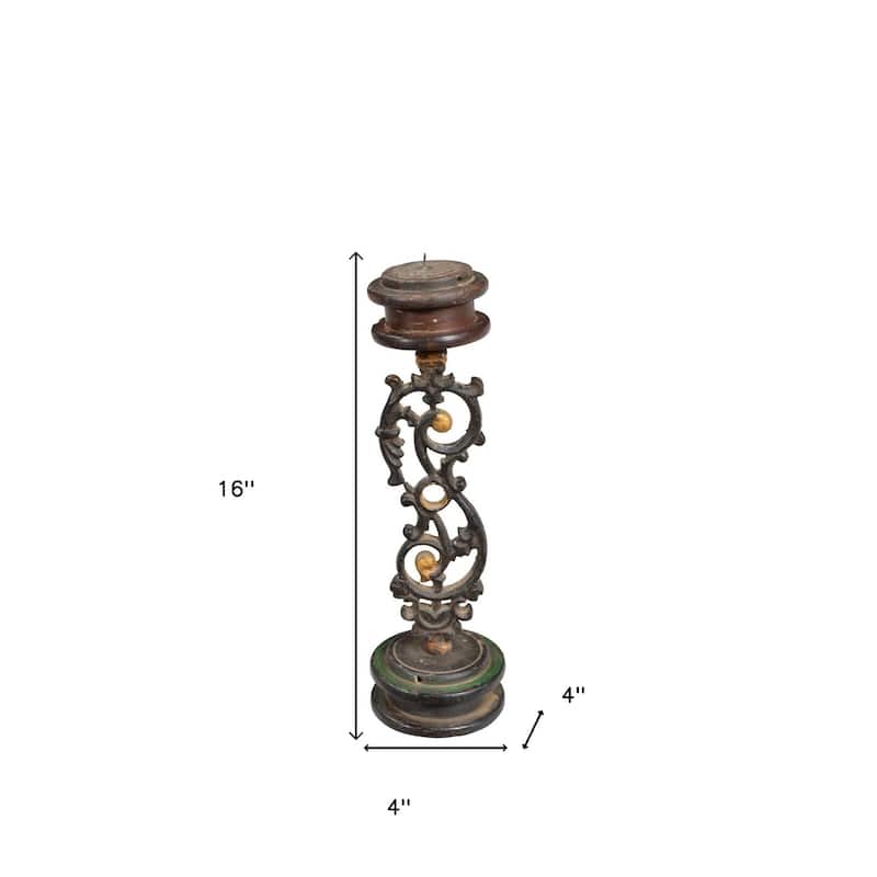 HomeRoots 16" Black Distressed Floral Metal Tabletop Tealight Candle Holder - 4" W x 16" H
