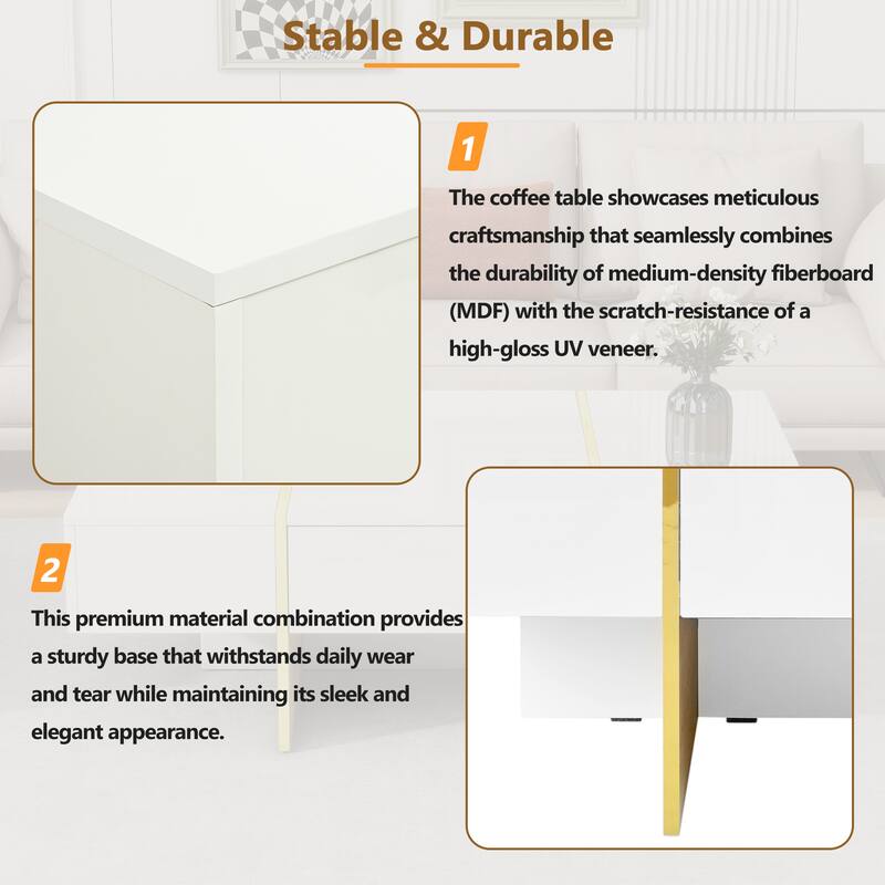 White Rectangle Sofa Table with Wood Legs, Luxurious Center Table End Table Tea & Coffee Table for Living Room