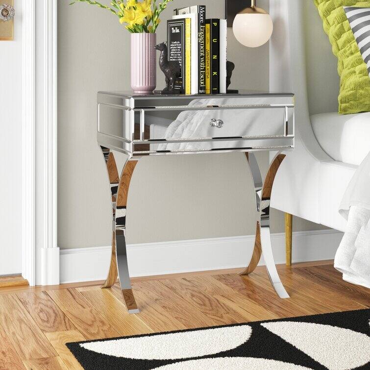Mirrored Nightstand with Drawer, Mirror End Table Silver Bedside Table - Mirror/Glass