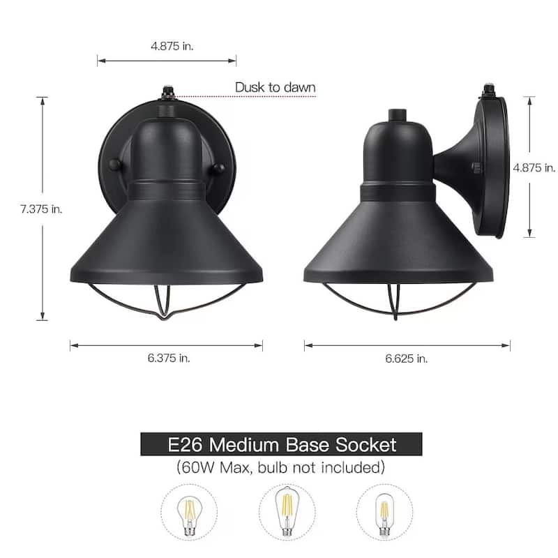 Black Outdoor Dusk to Dawn Wall Sconce Light - Set of 2
