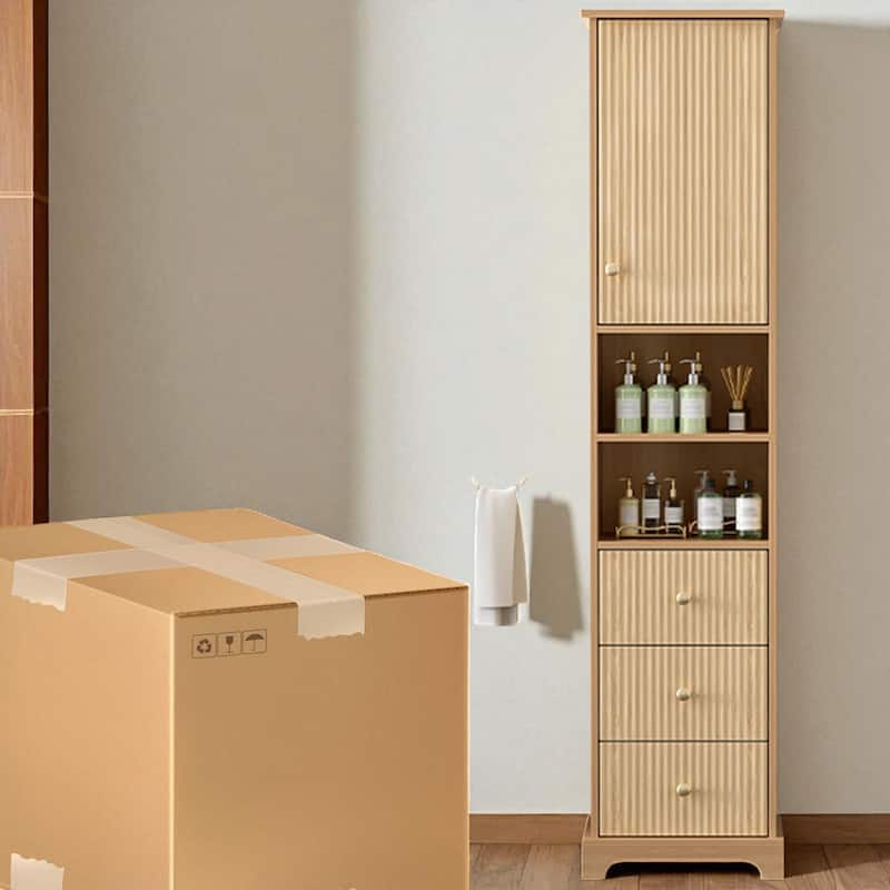 67.7 Inch Tall Freestanding Bathroom Cabinet with Adjustable Shelf, 3 Drawers, Open Storage, Gold Handles