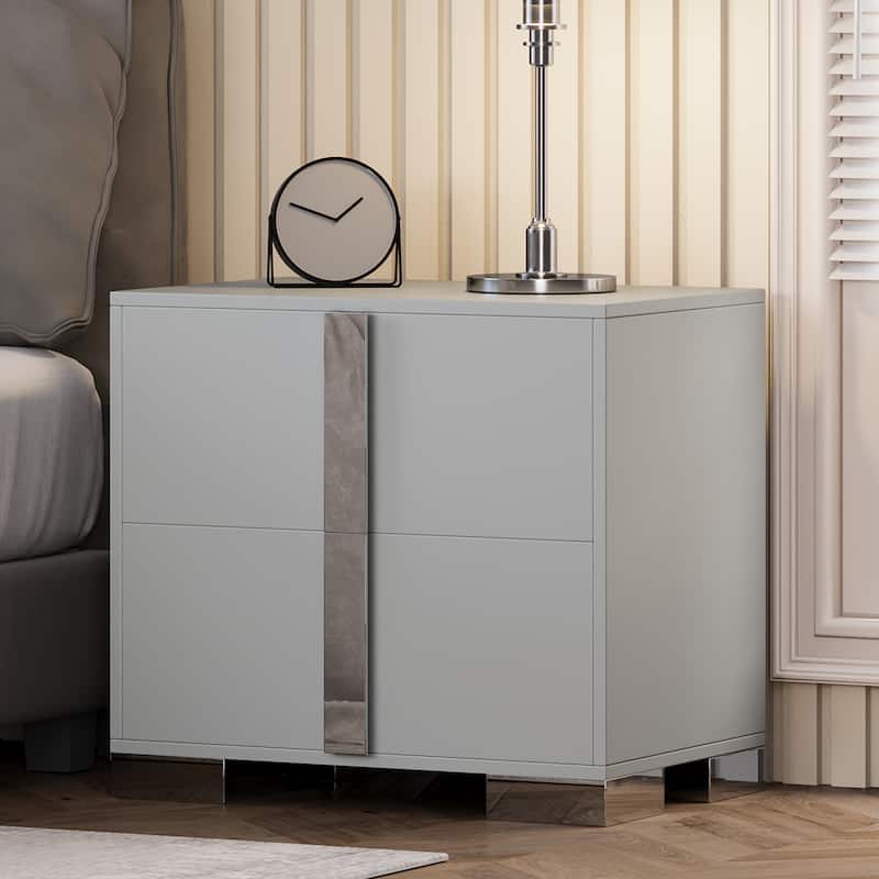 Modern End Table with Drawers, Elegant Nightstand with Metal Foot,Wood Bedside Table with Mirrored Metal Handles - Grey