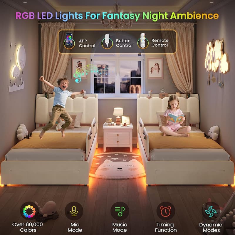 LED Bed Frame Storage DrawerSafety Guardrails Velvet Princess Platform Bed Kids