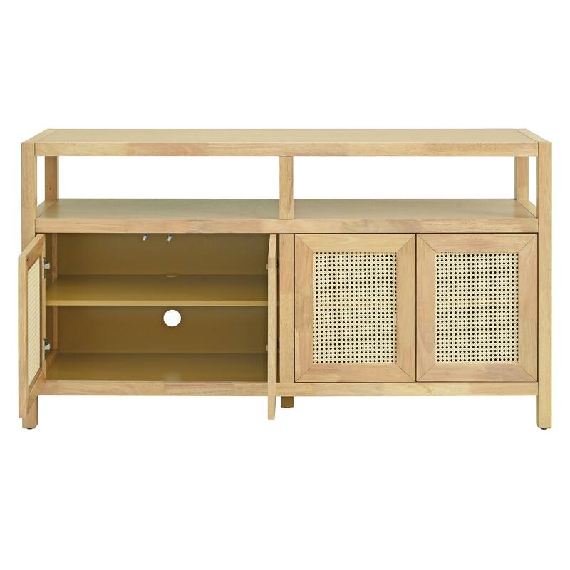 Rattan 4 Door Sideboard Cabinet, Large Wood Storage Cabinet, Console Table with Adjustable Shelves for Living & Dining Rooms