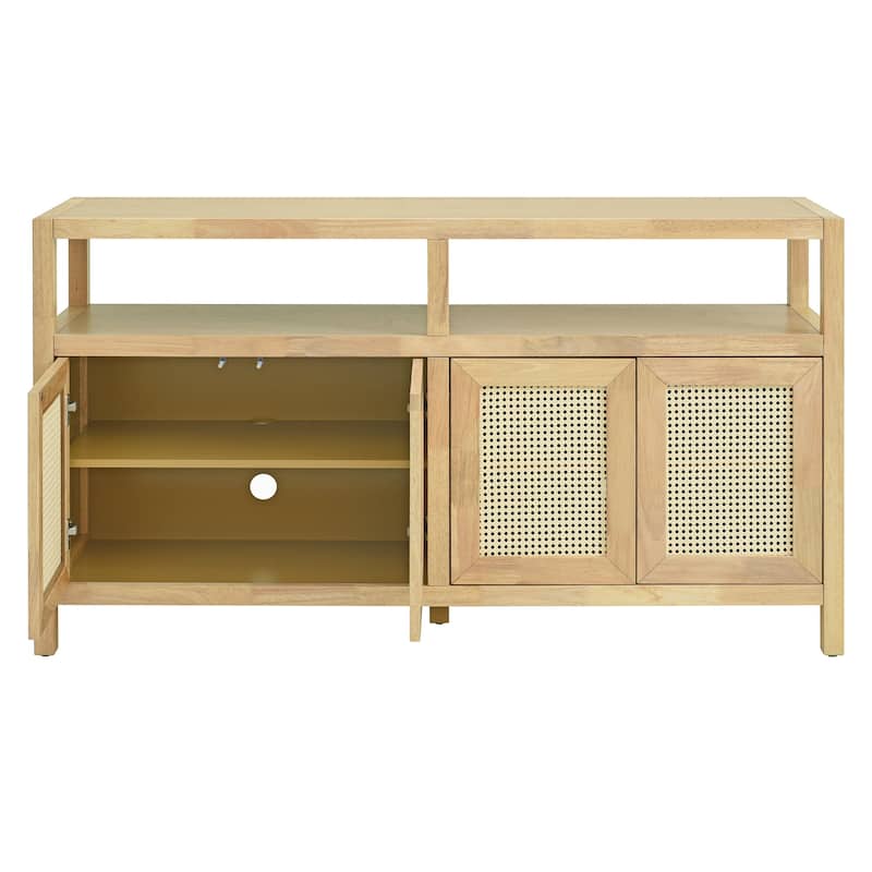 Rattan Buffet Storage Cabinet, Solid Wood Sideboard with 3-position Adjustable Shelves, No-Handle Push-to-Open Design
