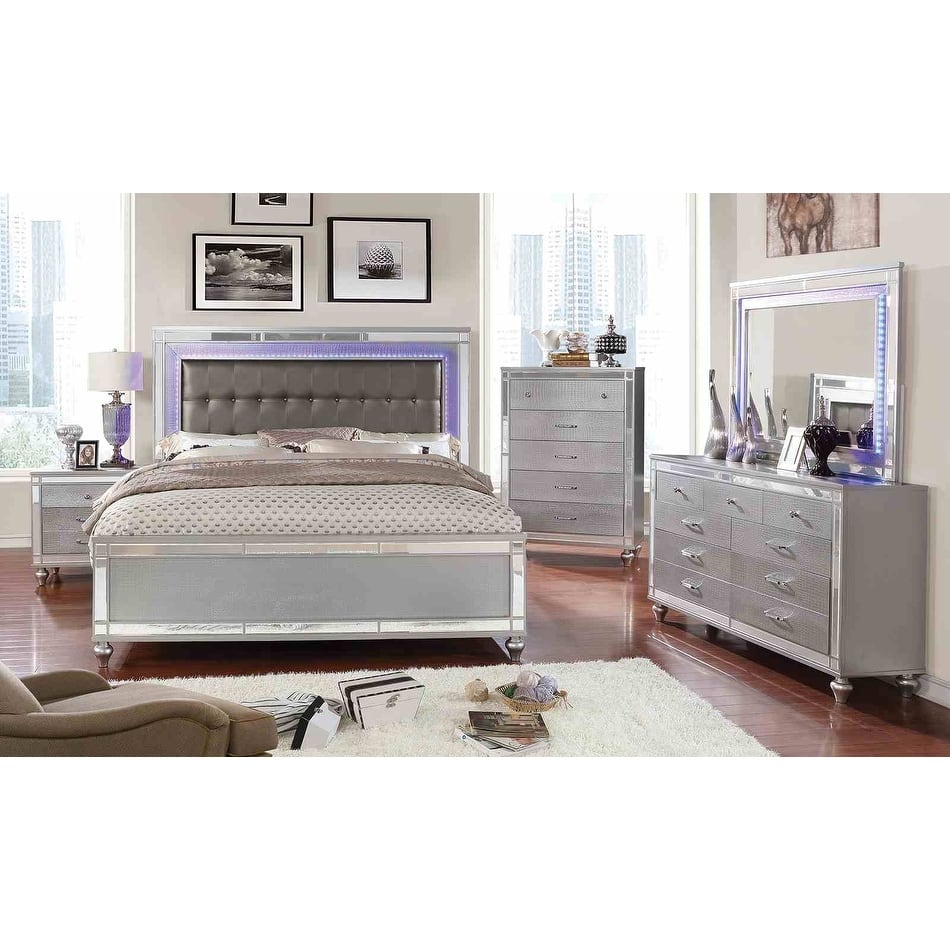 Modern Silver Finish Bedroom Set LED Lights Bed Nightstand Dresser Mirror Chest