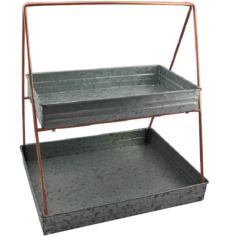 Galvanized Metal 2 Tiered Rectangular Serving Tray, Gray