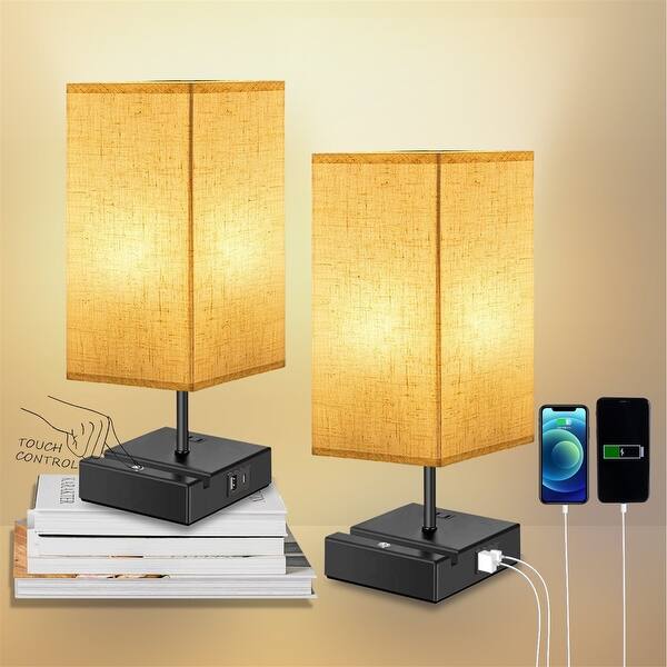 2PCS 3Way Dimmable Bedside Lamp with USB / Type C Port and Outlet