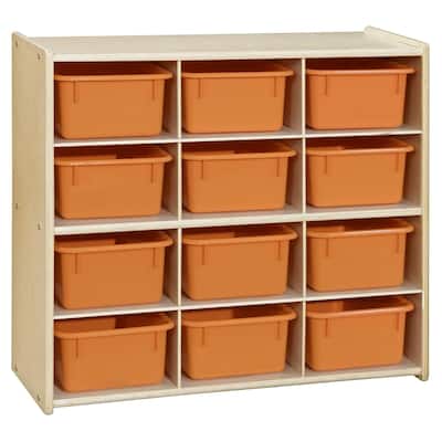 Wood Designs Birch 12 Cubby Storage Cabinet with Orange Tubs, Kids Montessori Organizers for Classroom, Kindergarten - 30"