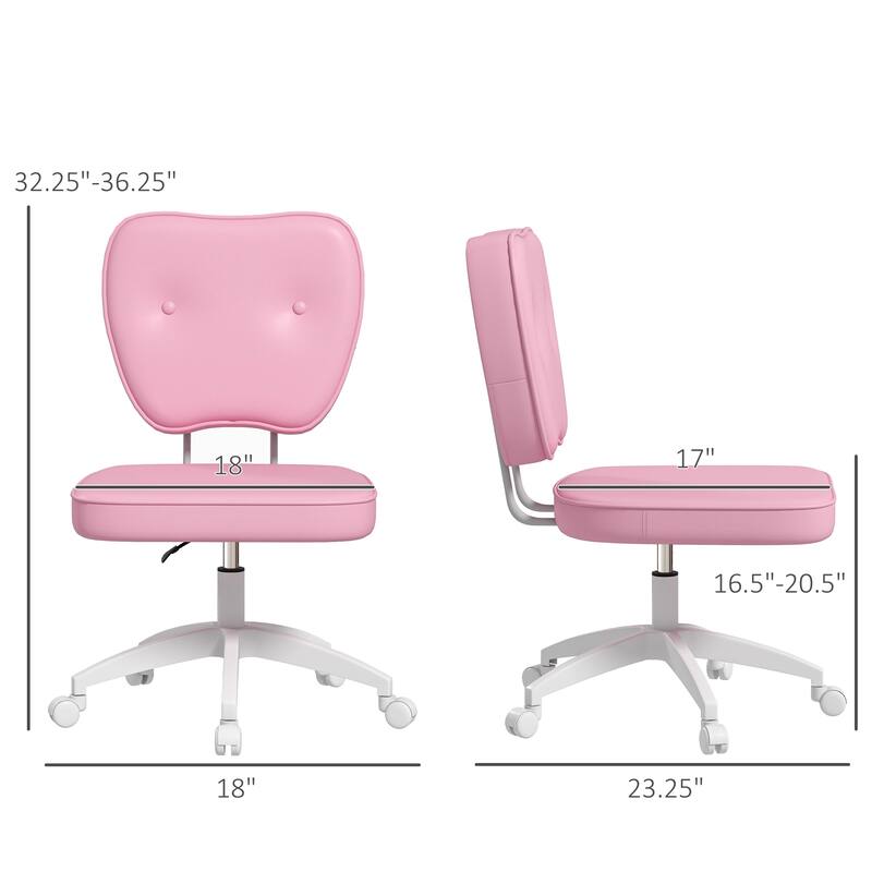 Cute Armless Office Chair, Leather Computer Desk Chair with Wheels, Vanity Task Chair with Adjustable Height