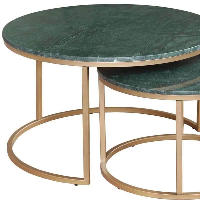 HomeRoots Set Of Two Green and Gold Genuine Marble and Iron Round Frame Nested Coffee Tables