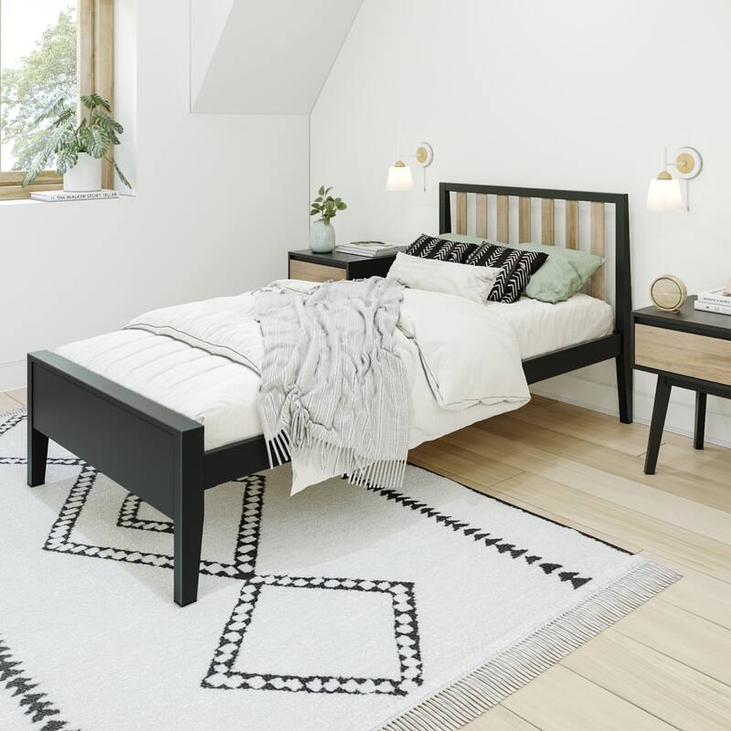 Max and Lily Scandinavian Twin-Size Bed with Slatted Headboard - Black/Blonde
