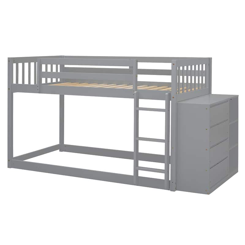 Twin over Twin Bunk Bed with 4 Drawers and 3 Shelves-White