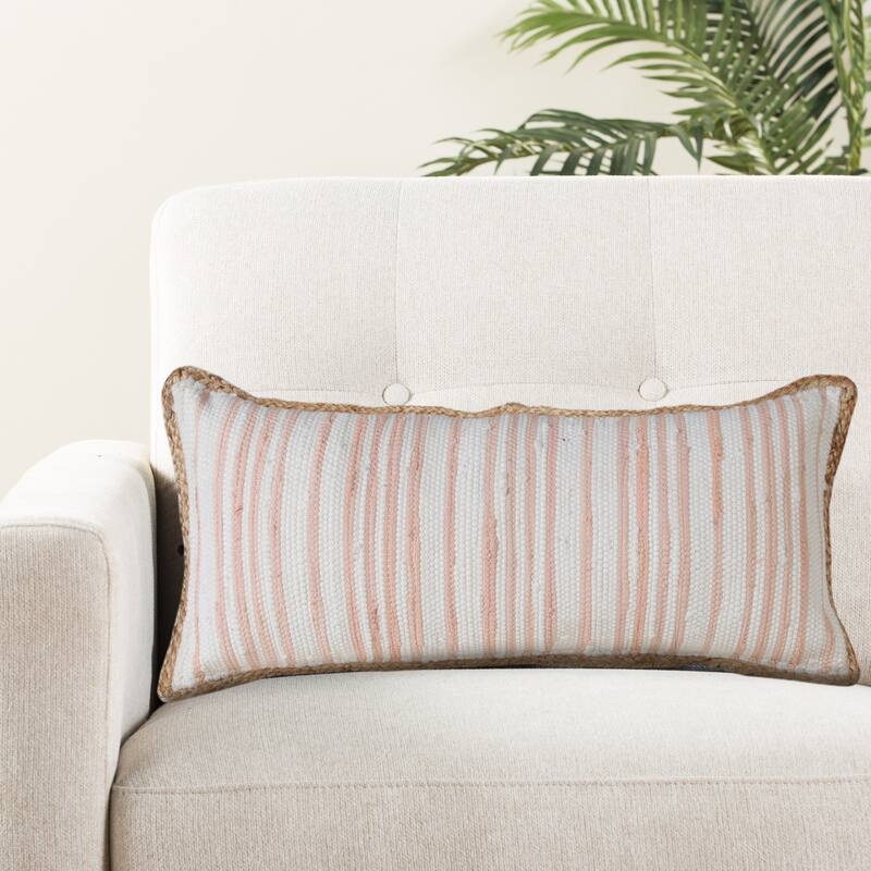 Sevita Coral Pink and White Striped Jute Bordered Throw Pillow