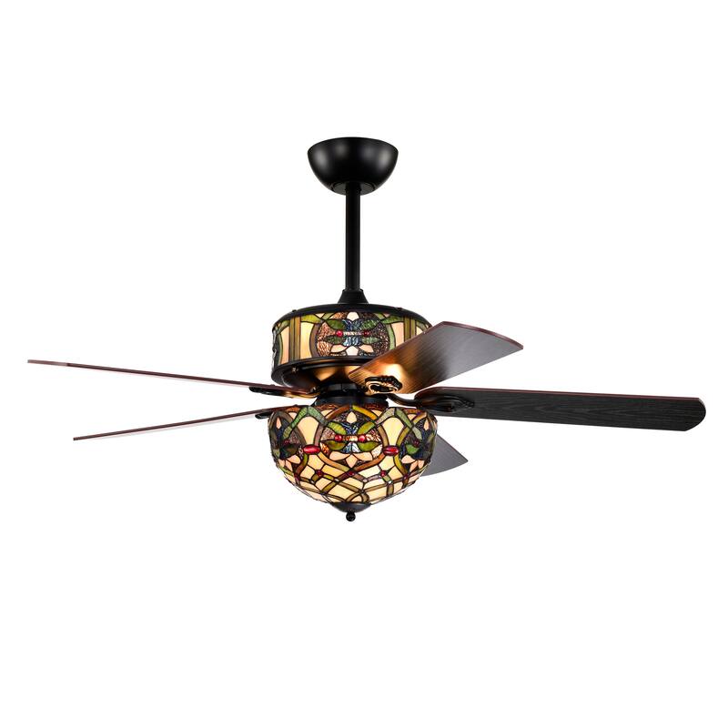 Parponk 52-Inch Flushmount Two-Tiered Lighted Ceiling Fan Green Hatch Tiffany Glass Lamp Black Finish