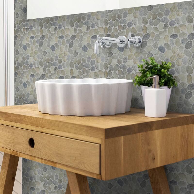 Grey Pebble Mosaic Tumbled Stone Backsplash Tiles for Kitchen Walls, Shower and Bathroom Floors 12" X 12" (5 Sqft per case)