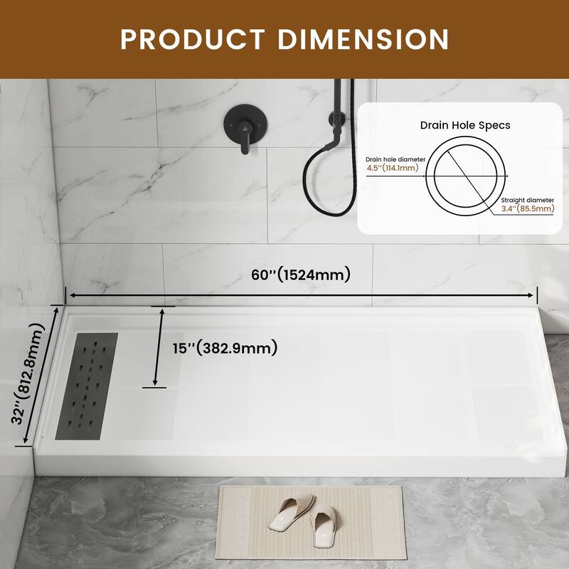 60 in. x 32 in. Elegant White Single Threshold Anti-slip SMC Rectangular Shower Base with Drain and Stainless Steel Drain Cover