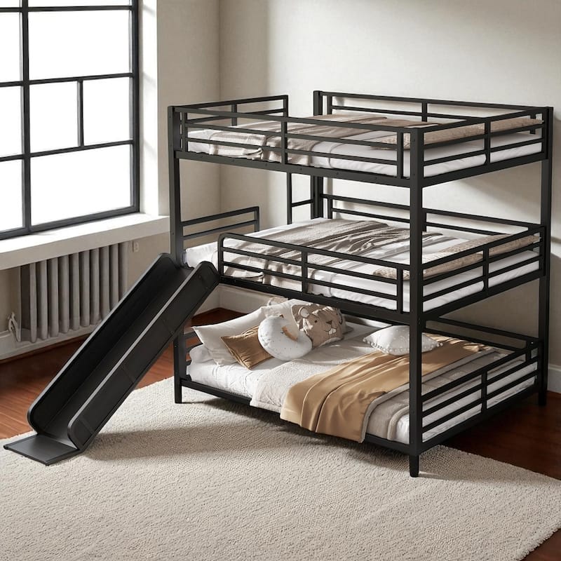 Metal Triple Bunk Bed with Slide, Twin XL/Full/Queen, Safety Guardrails, Quiet Slat Design, Heavy-Duty, Black