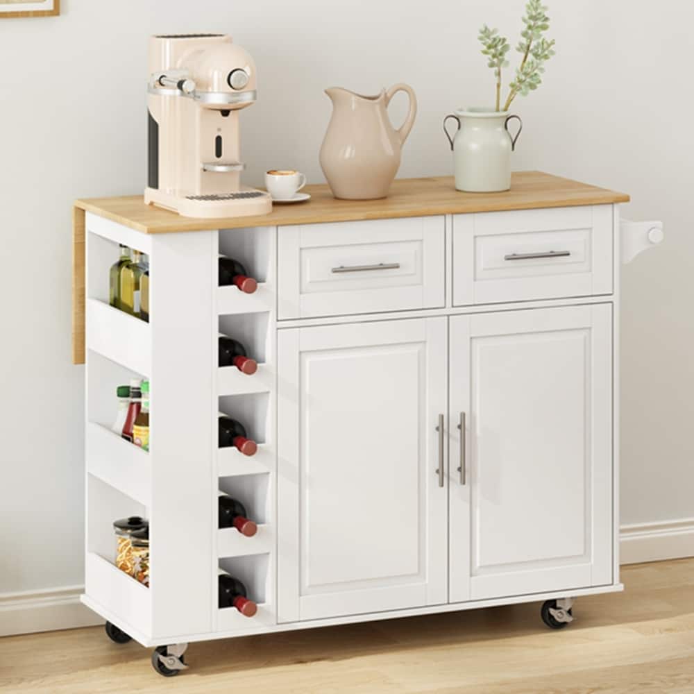 Kitchen Island Cart with 2 Door and 2 Drawers and Foldable Table Top