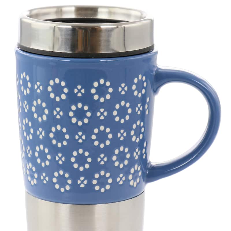 16 Ounce Stoneware and Stainless Steel Travel Mug With Lid in Blue