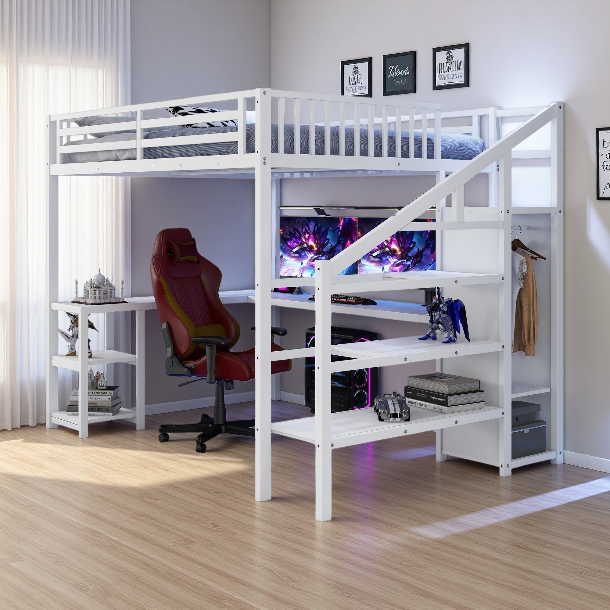 Queen Metal Loft Bed with Wardrobe & L-Desk