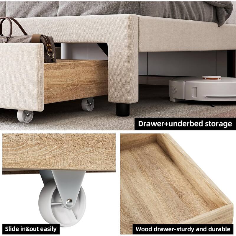 Upholstered Platform Bed with Storage Headboard, Drawer & Charging Station, Wood Slat Support