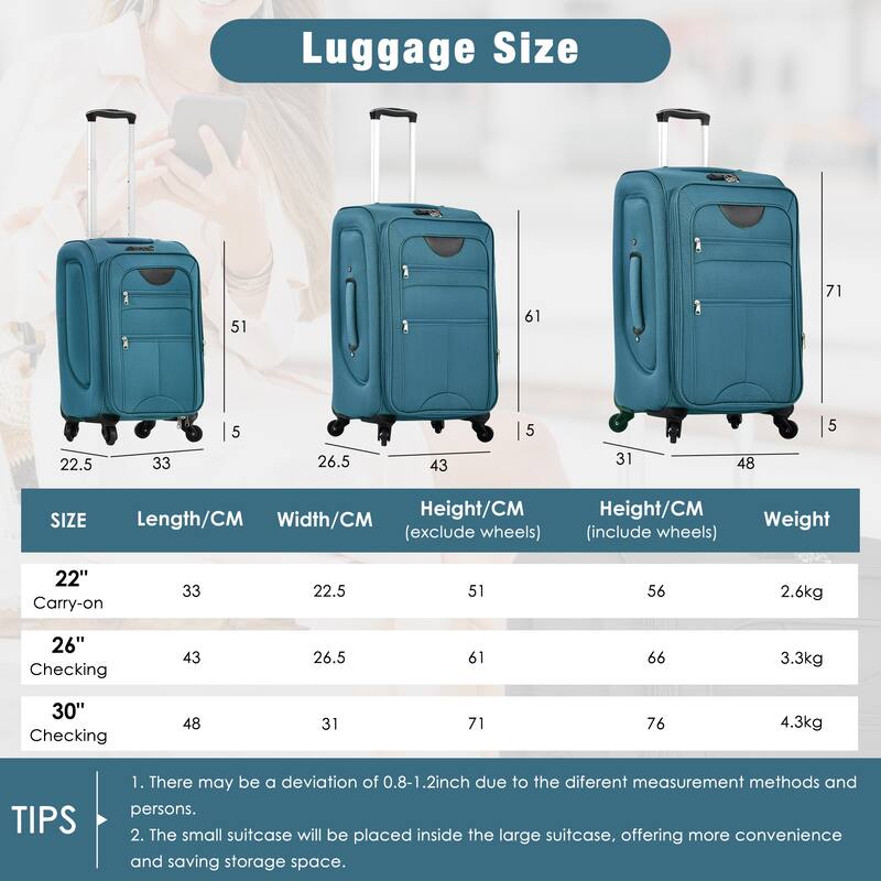 Softside Luggage Expandable 3 Piece Set Suitcase with Duffel Bag, Lightweight Luggage Travel Set-22IN 26IN 30 IN