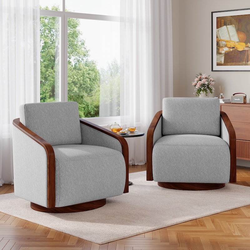 Set of 2 Modern 360° Swivel Accent Barrel Chairs with Wood Arms - Light Grey