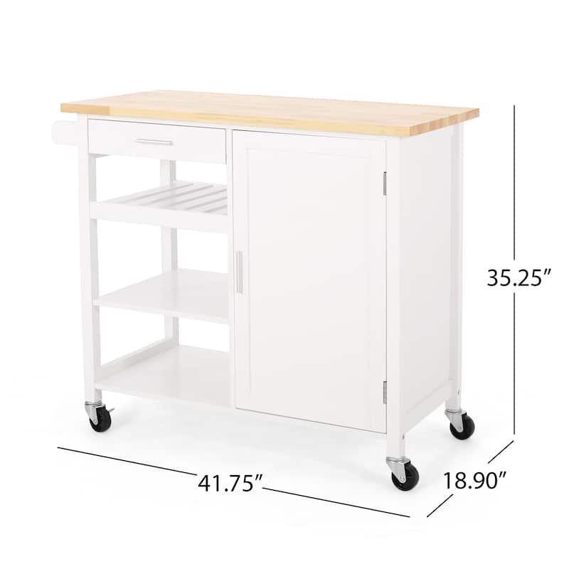 Contemporary Kitchen Cart with Rubberwood Top, Multi-Function Storage Drawer, Open Shelves, Rolling Casters with Locks