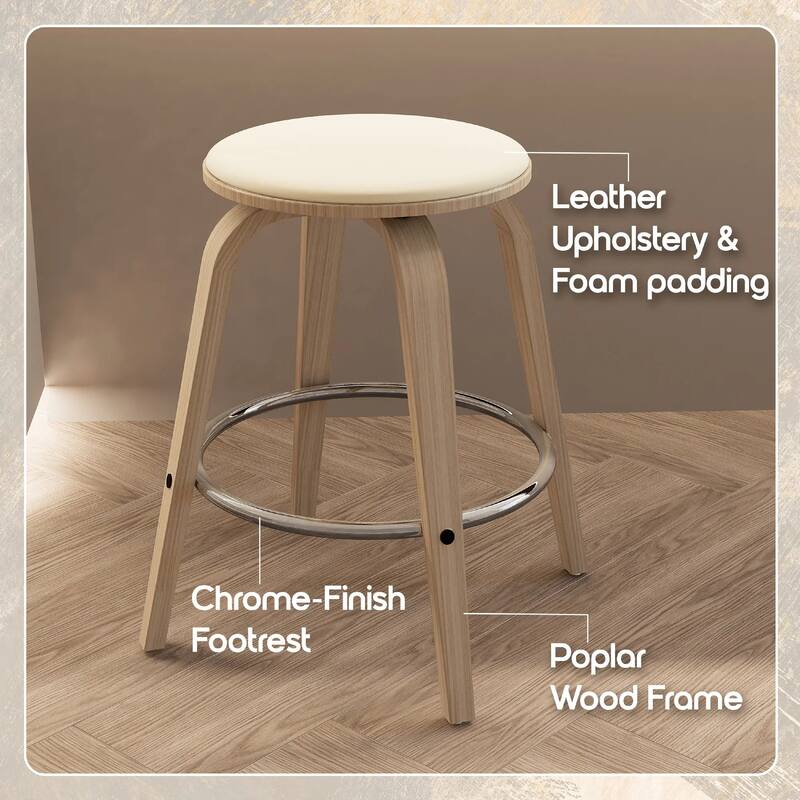 Pelya Leather Swivel Round Counter Stool with Wood Legs and Chrome Footrest for Kitchen Island or Dining Area Set of 2
