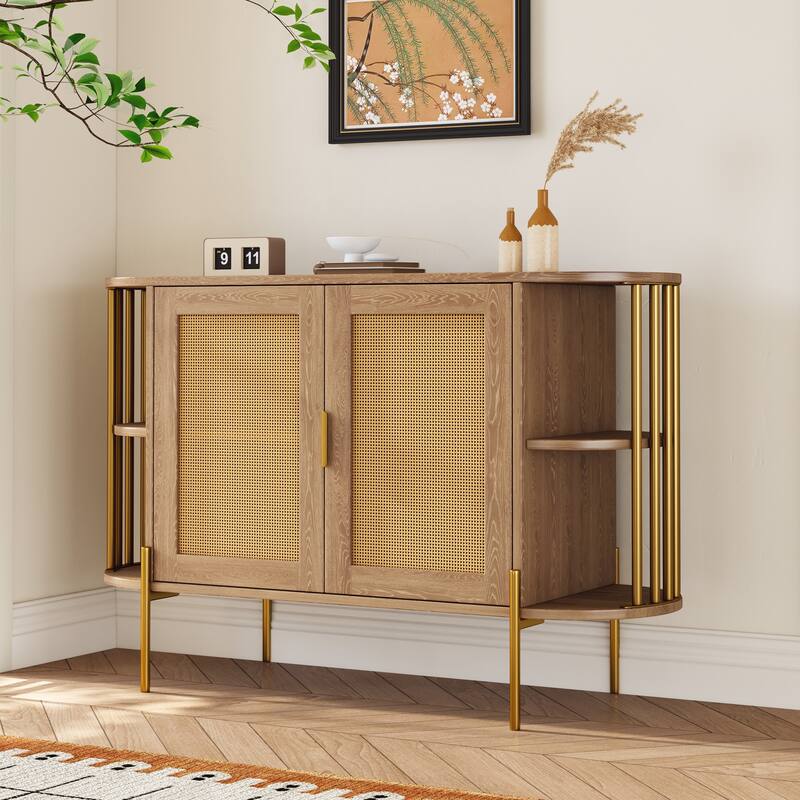 Curved Sideboard Rattan Buffet Storage Cabinet Side Cabinet, Natural