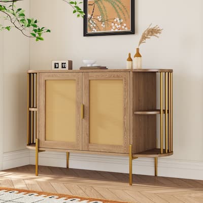 Elegant Curved Dining Cabinet with Curved Open Shelves, 2-Door, Woven Rattan Doors & Gold Trim for Dining Room, Natural